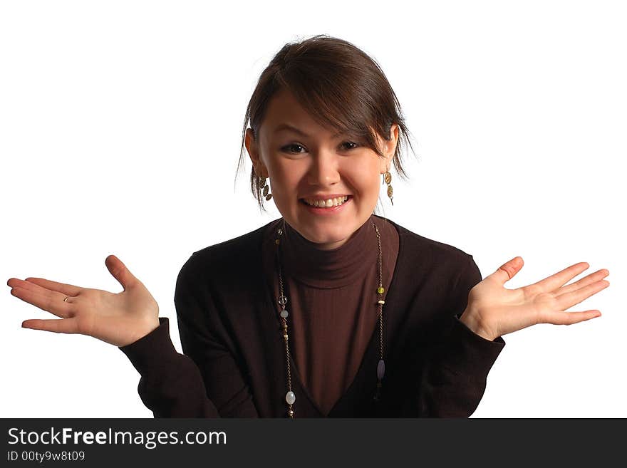 Smiling east-type woman in black brown clothers, isolated on white