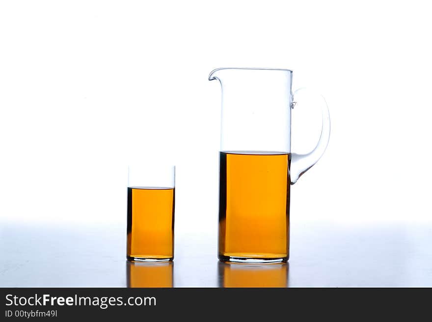 Tea-like liquid in a glass-ware, white background, close-up. Tea-like liquid in a glass-ware, white background, close-up