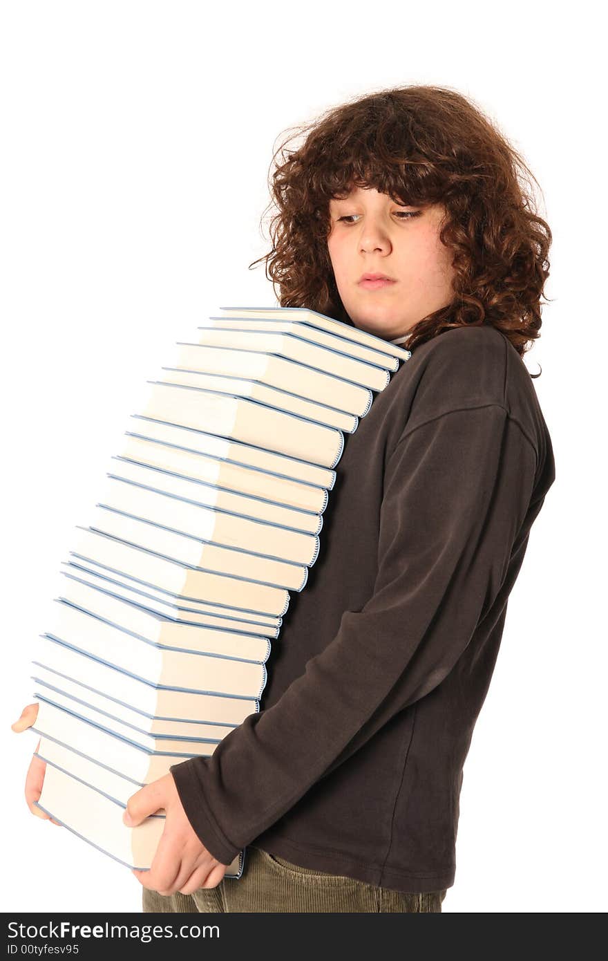 Boy carrying books on white background