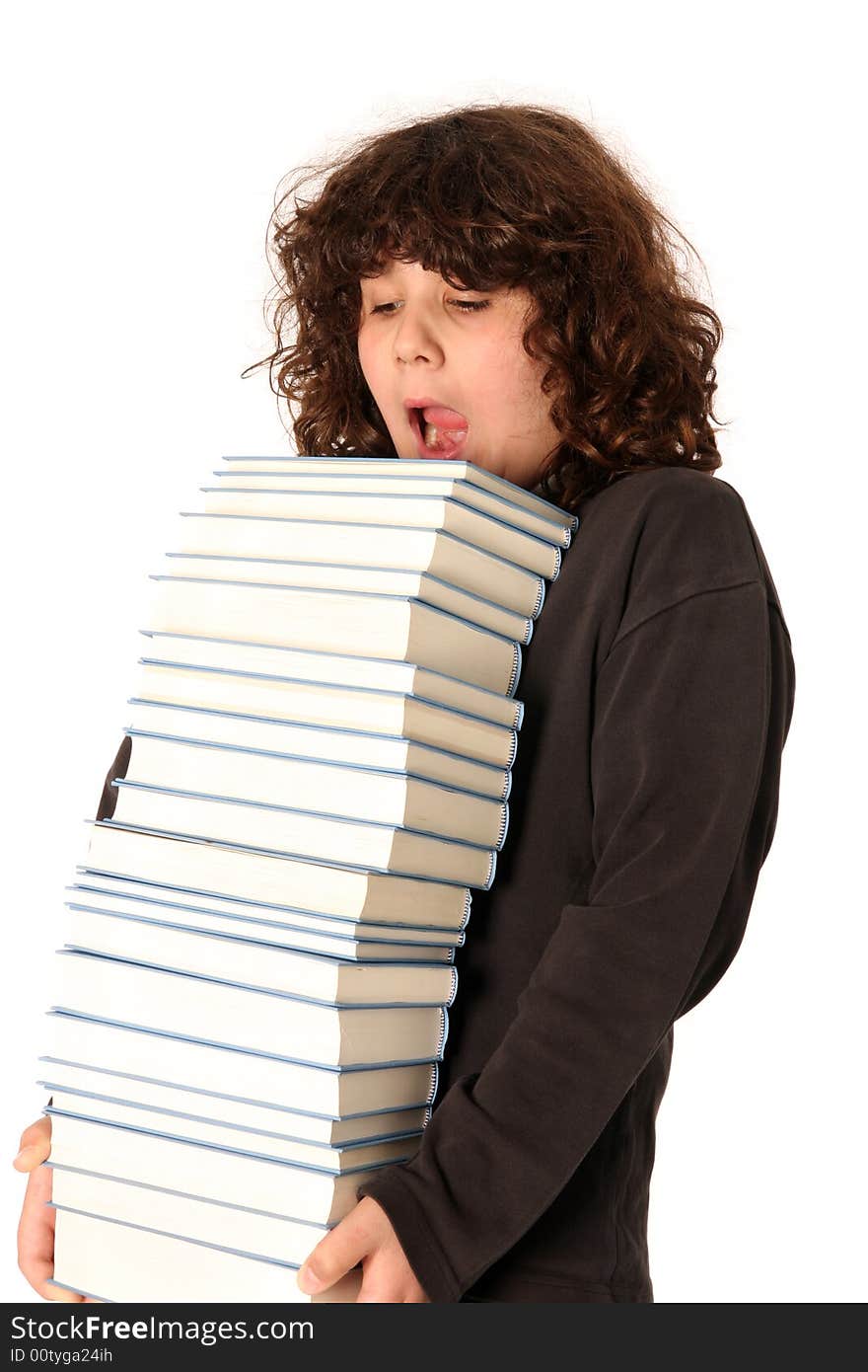 Boy carrying books on white background