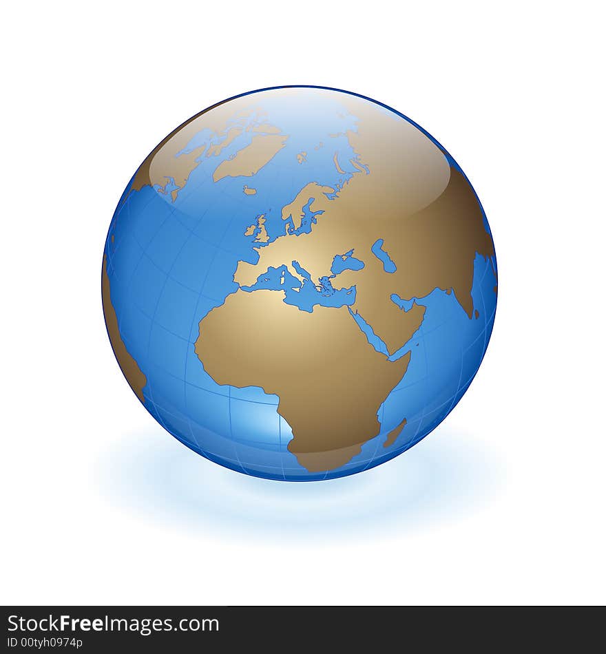 World globe as blue glass ball. With gold continents.