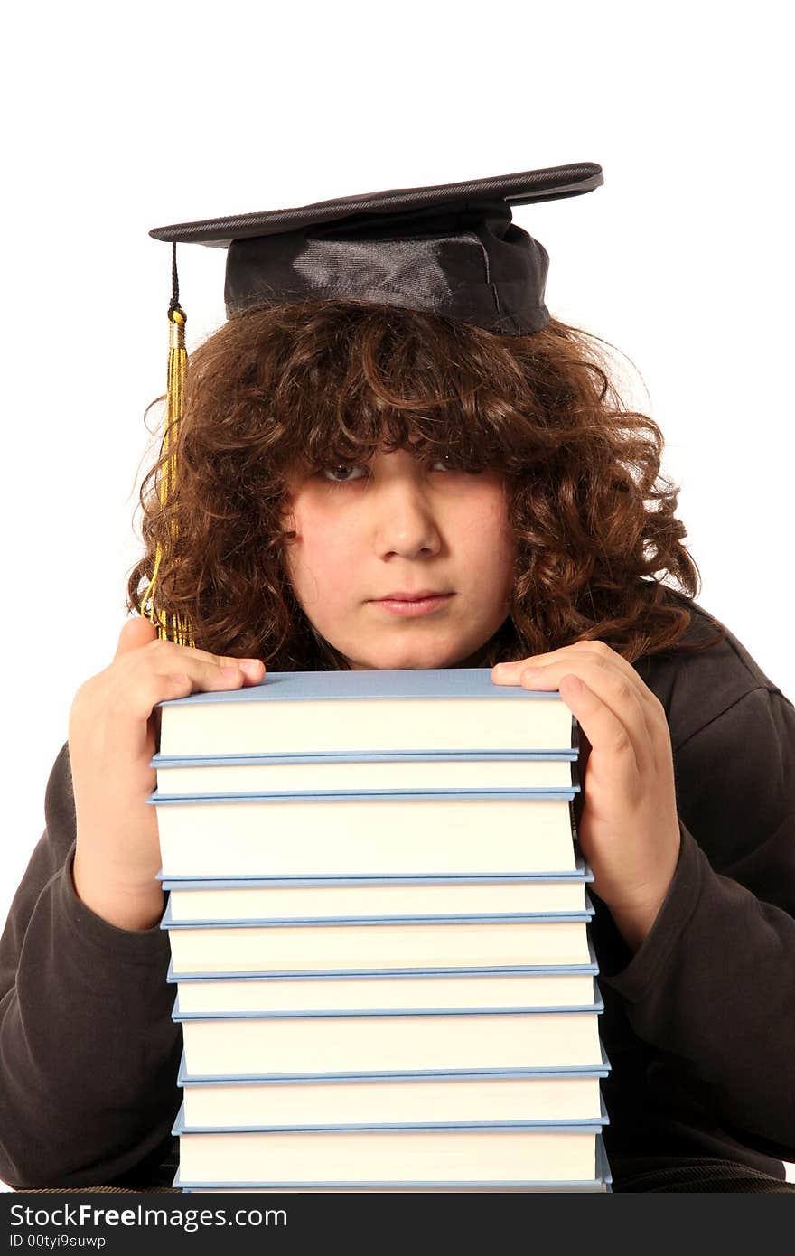 Boy and many books on white background