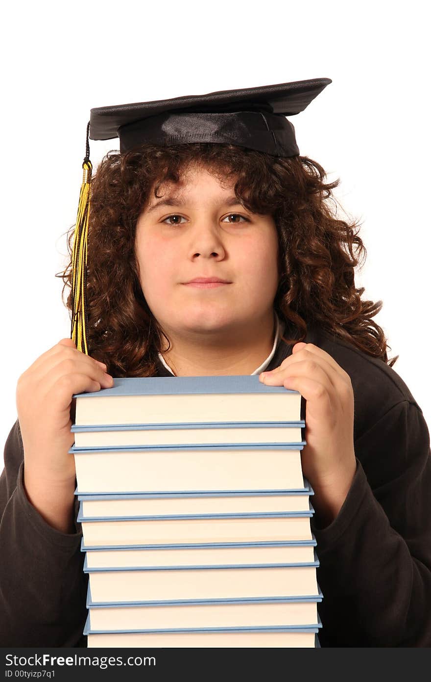 Boy and many books on white background