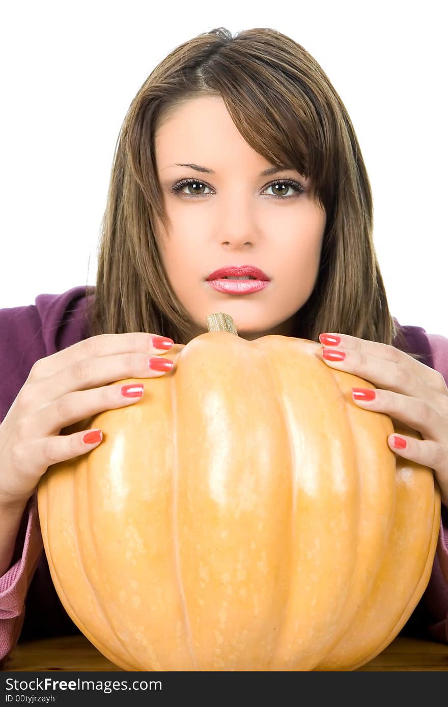 Beautiful woman hold on big orange pumpkin. Beautiful woman hold on big orange pumpkin