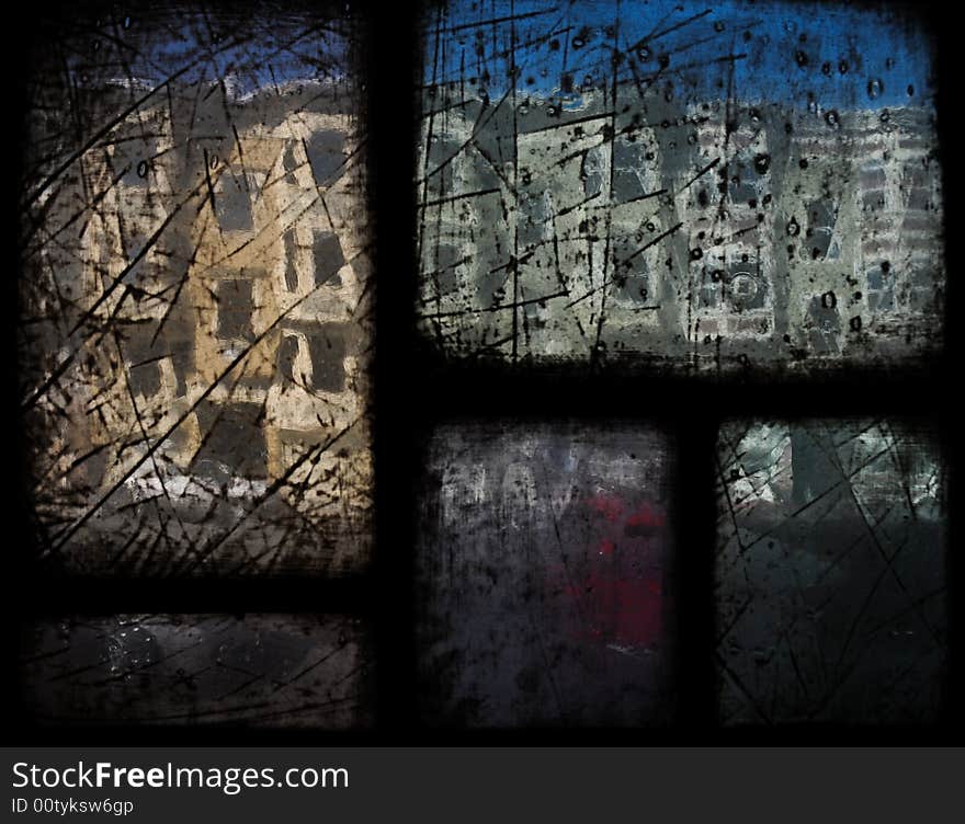 Apartment buildings viewed through an antique church stained glass window.  Large glass panes with visible bubbles and scratched. Apartment buildings viewed through an antique church stained glass window.  Large glass panes with visible bubbles and scratched.