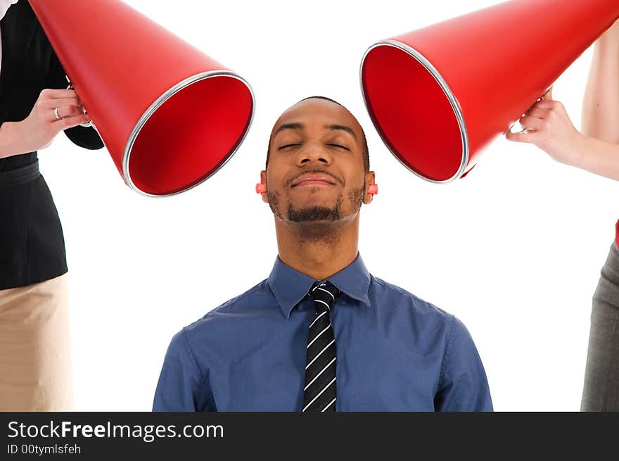 Business people with megaphone harassing colleague. Business people with megaphone harassing colleague