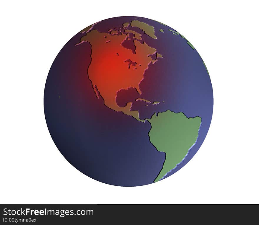 Illustration of the earth in blue and green with heated area over North America. Illustration of the earth in blue and green with heated area over North America