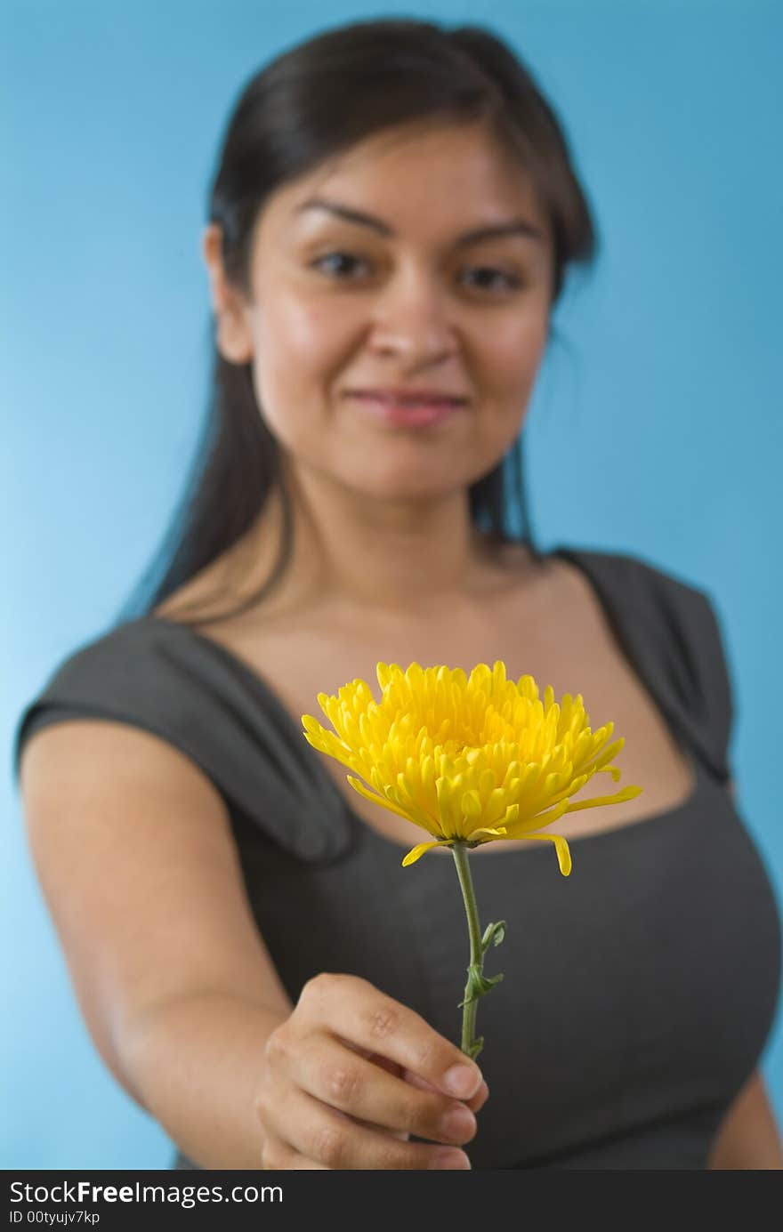 A pretty young woman offering a yellow flower, with the focus on the flower. A pretty young woman offering a yellow flower, with the focus on the flower.