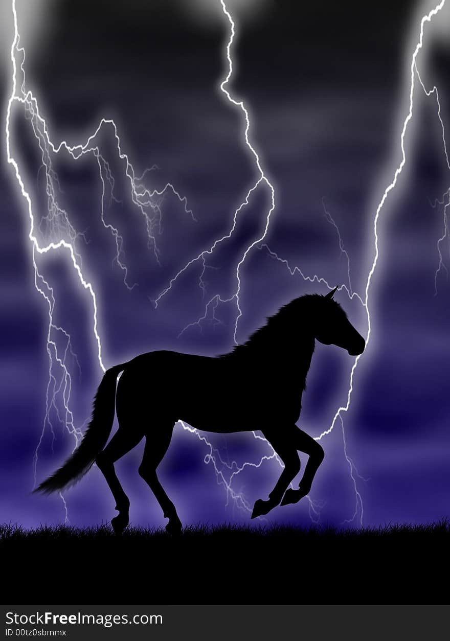 Black horse silhouette running in the storm. Black horse silhouette running in the storm