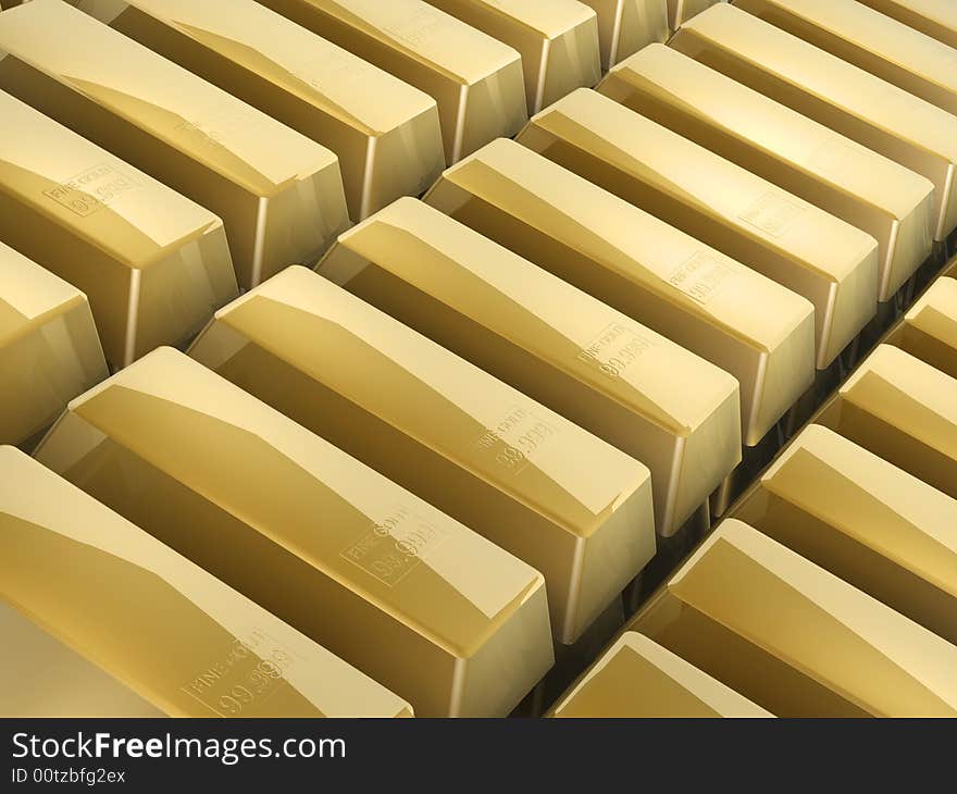 3d gold bars array on white background