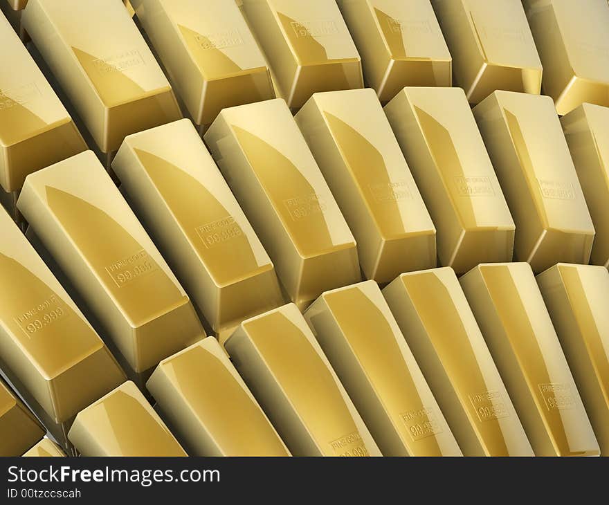 3d gold bars array on white background