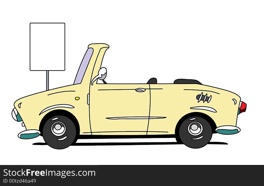 The cartoon cabriolet with road sign