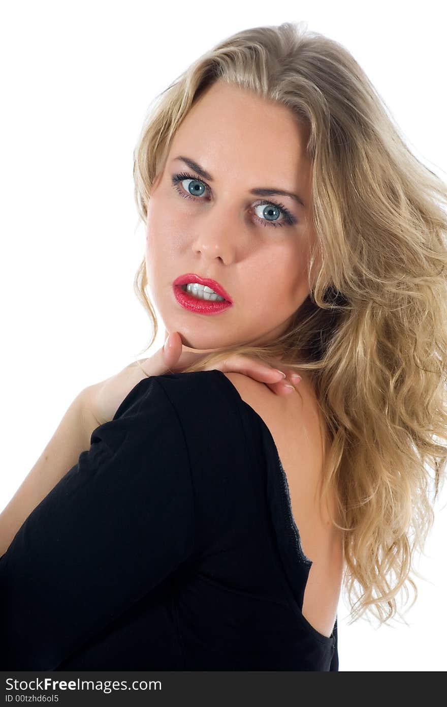 Portrait of the blonde with blue eye on white background