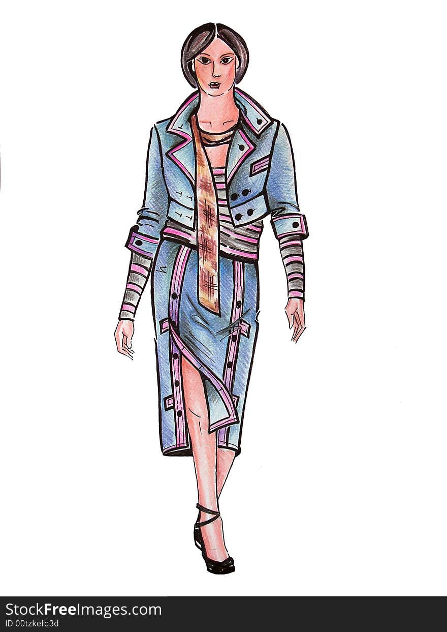 Drawn model in blue suit with brawn scarf is illustration from my set of fashion illustratoins.