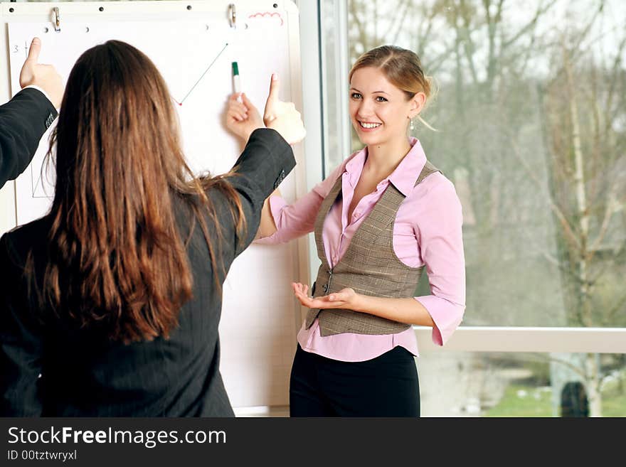 A group of businesspeople and a flipchart. A group of businesspeople and a flipchart