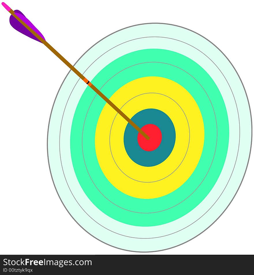 Arrow at bull's-eye of a target. Arrow at bull's-eye of a target