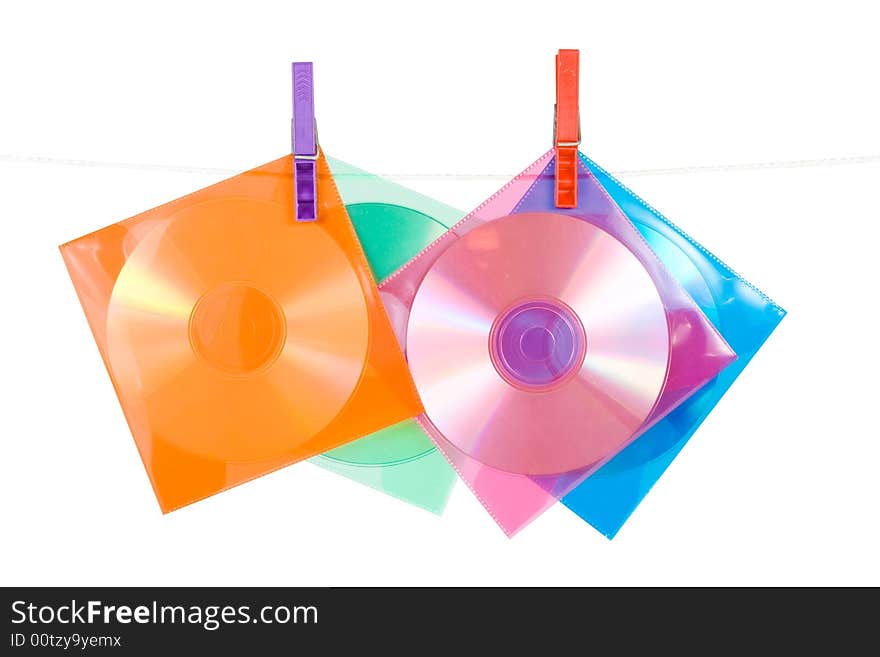 CD-disks in multi-colored envelopes. Isolated on a white background. Clipping path included.