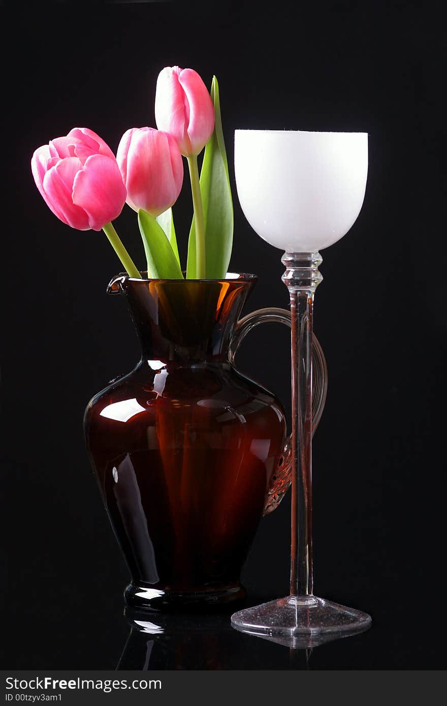 Tulips in the vase on the black