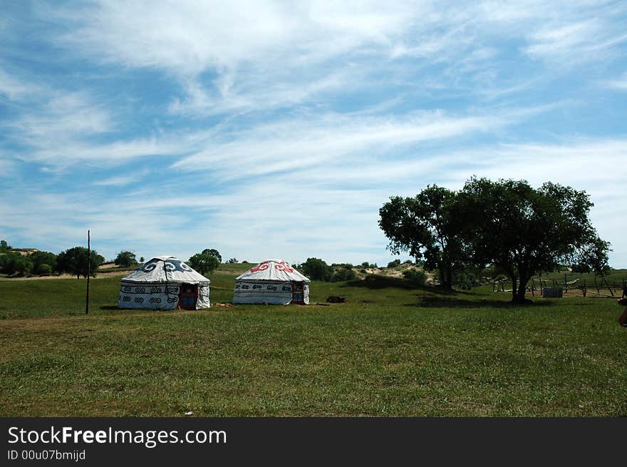 Beautiful blue sky and white clouds of cattle and sheep on the grasslands. Beautiful blue sky and white clouds of cattle and sheep on the grasslands