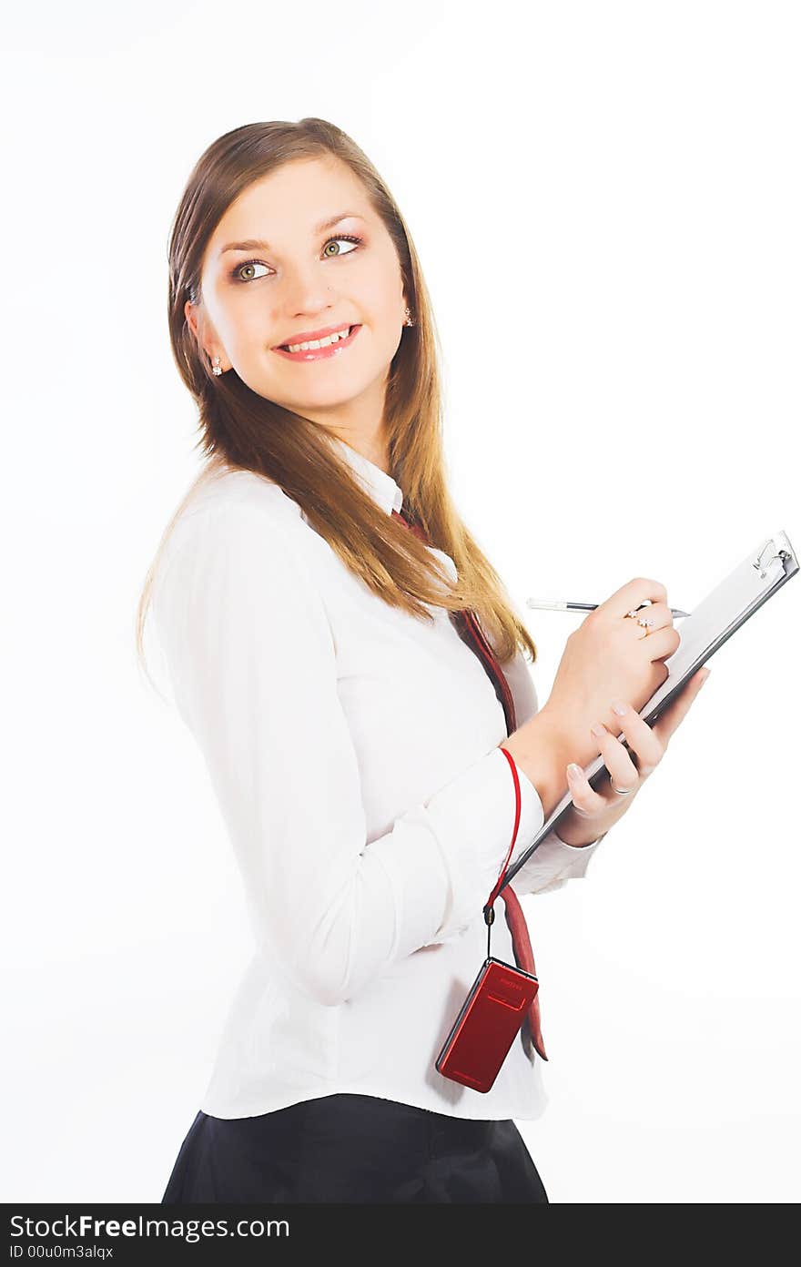 Business woman with a folder and a cellphone over a white background. Business woman with a folder and a cellphone over a white background