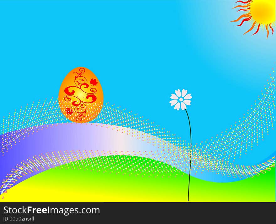 Easter egg over blue background with ornament, flower, sun and waves. Easter egg over blue background with ornament, flower, sun and waves