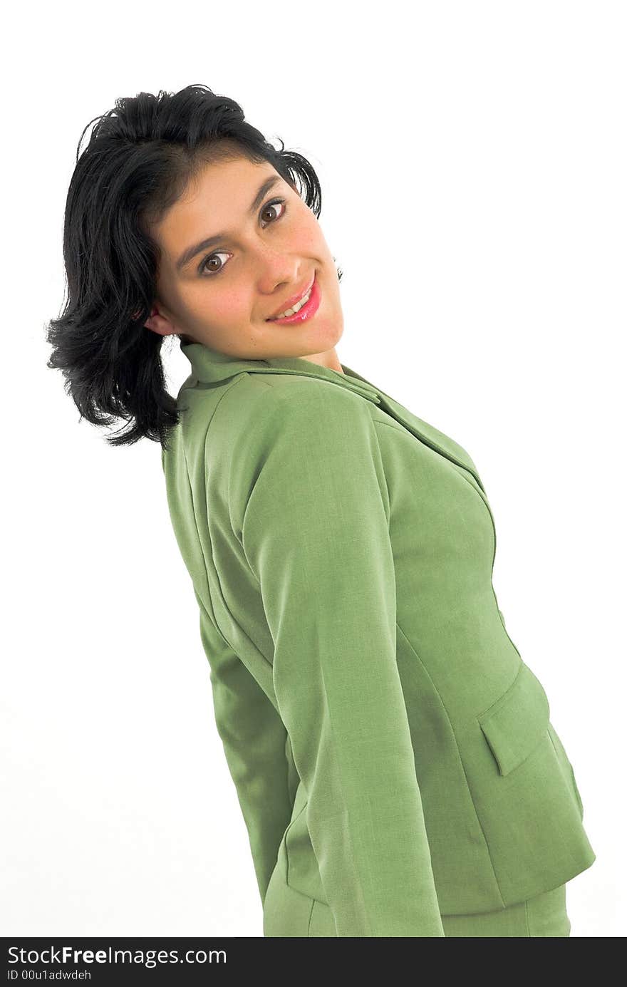 Cheerful young woman in green