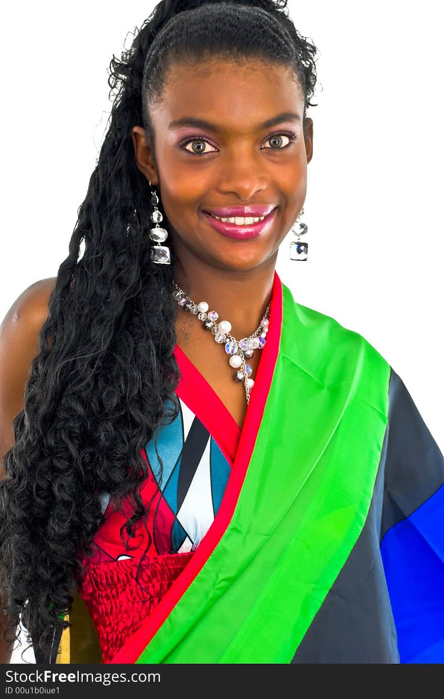 African girl wrapped in a colorful shawl