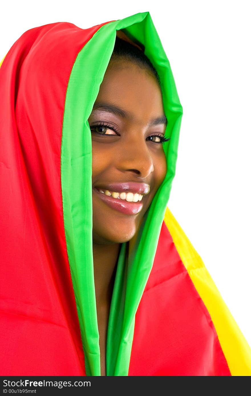 African girl wrapped in a colorful shawl