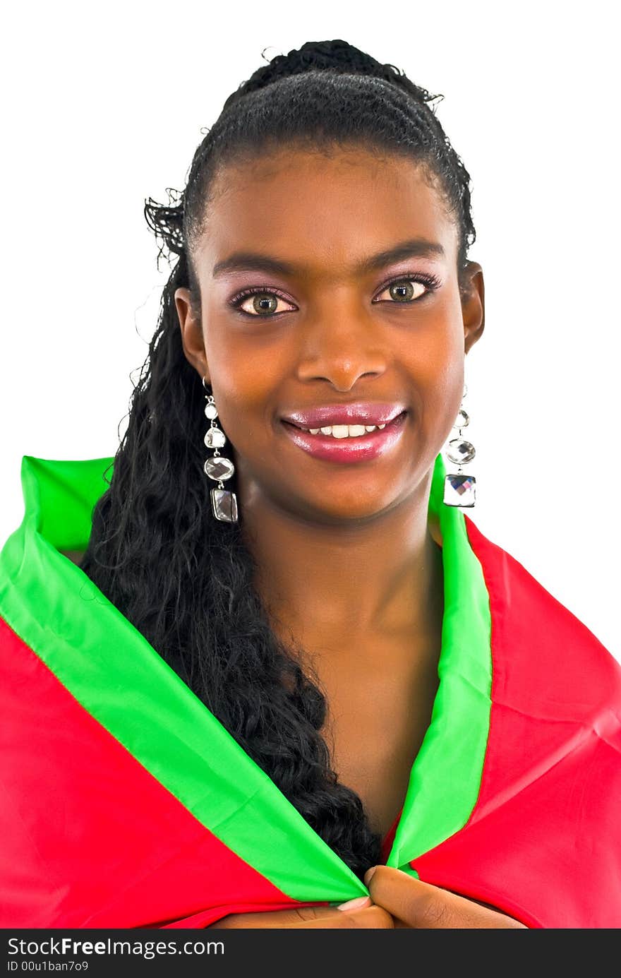 Attractive pretty african girl wrapped in a colorful shawl