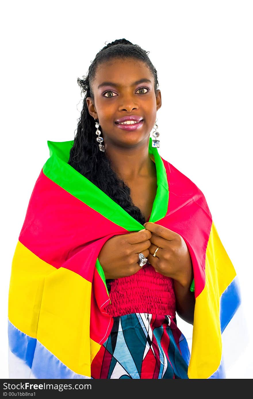 African girl wrapped in a colorful shawl