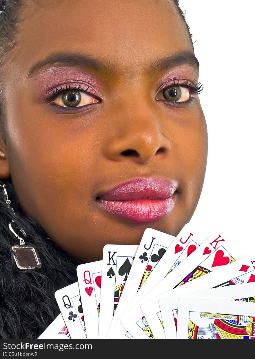 Young adorable african woman playing with cards