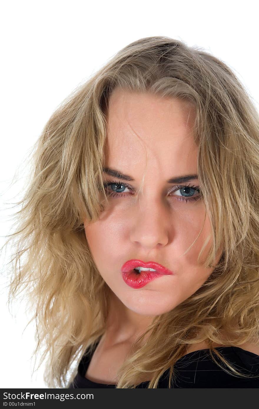 Portrait of the blonde with blue eye on white background