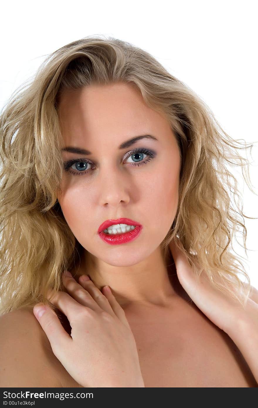 Portrait of the blonde with blue eye on white background