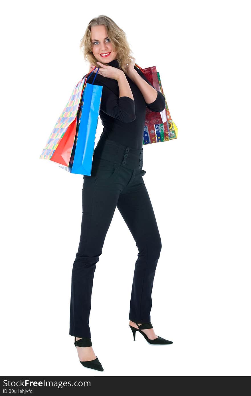 Expressive woman  on white background  shopping. Expressive woman  on white background  shopping