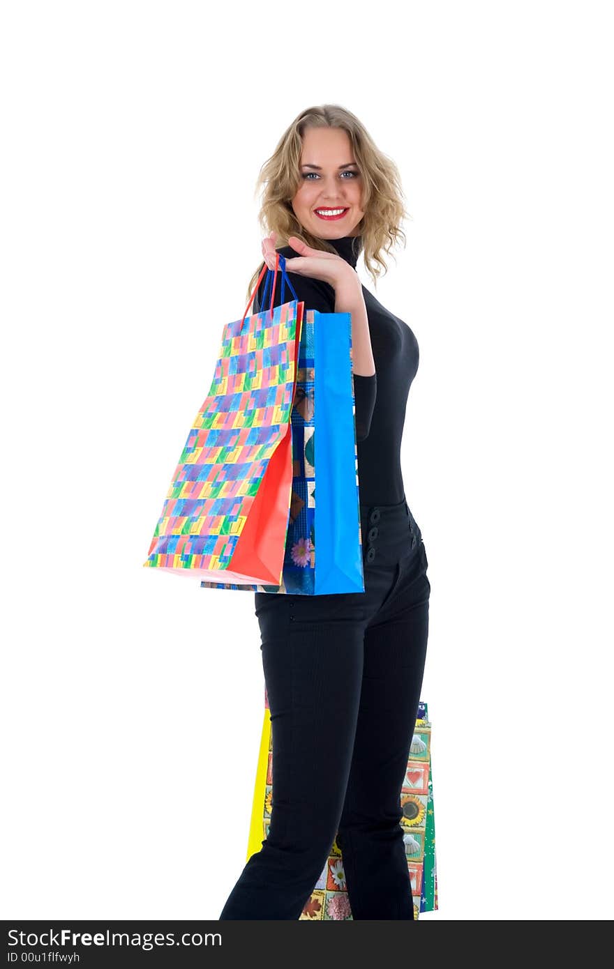 Expressive woman  on white background  shopping. Expressive woman  on white background  shopping