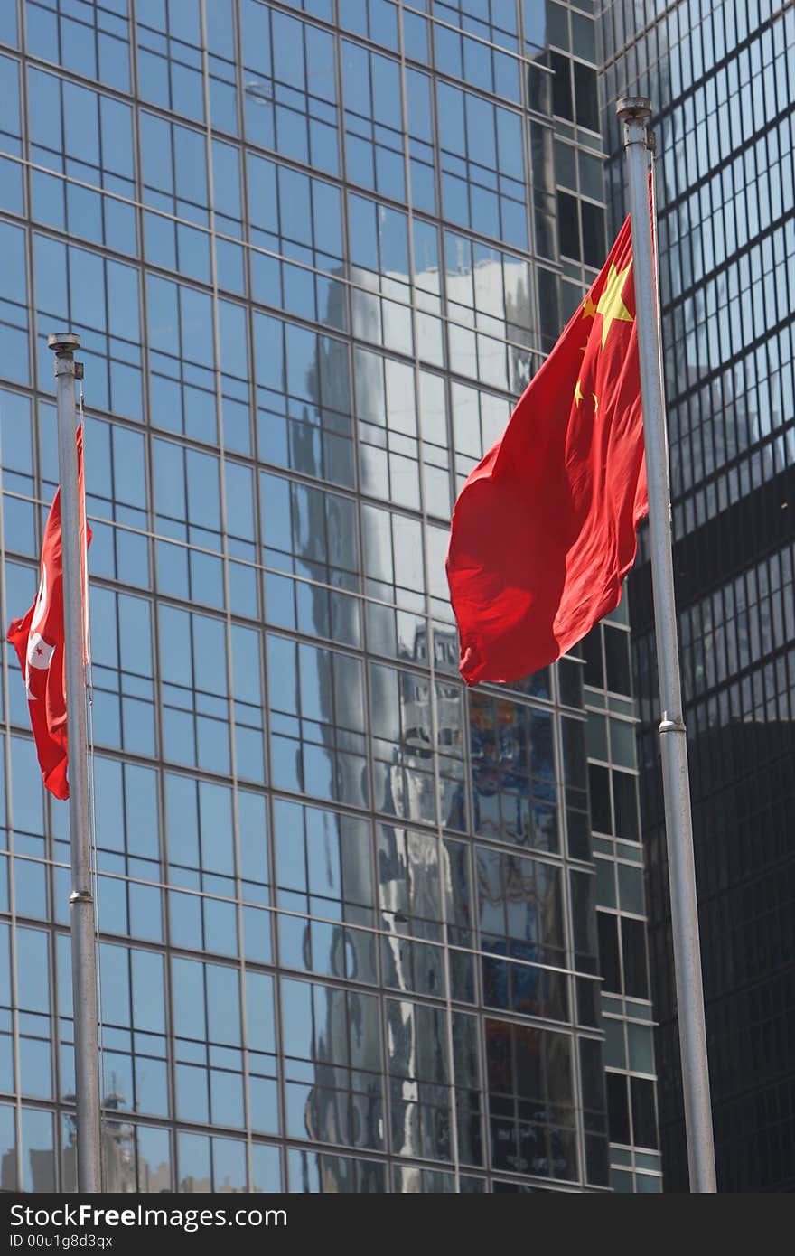 A flag in front of the building. A flag in front of the building