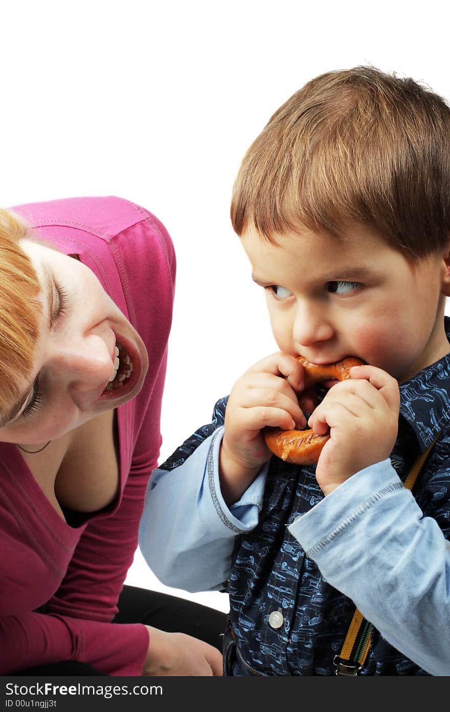 Mom and her son eating one bagel