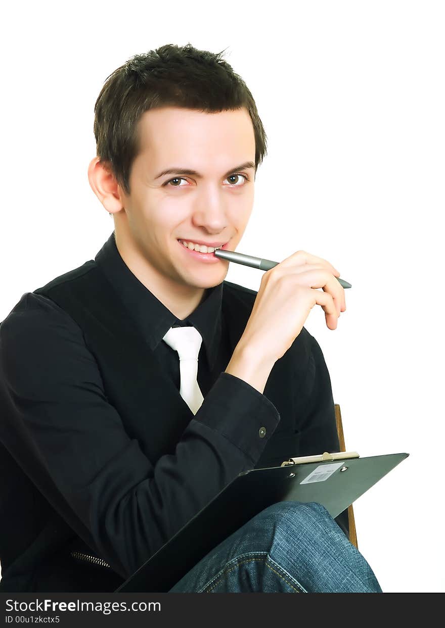 Young man working on a white background