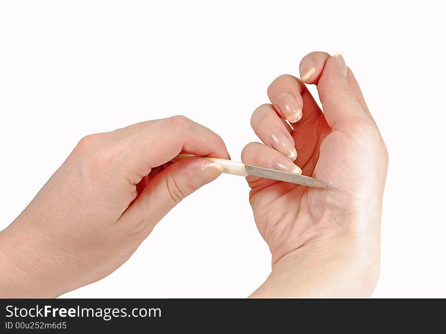 Nikon d80 female hands manicure on white isolated. Nikon d80 female hands manicure on white isolated