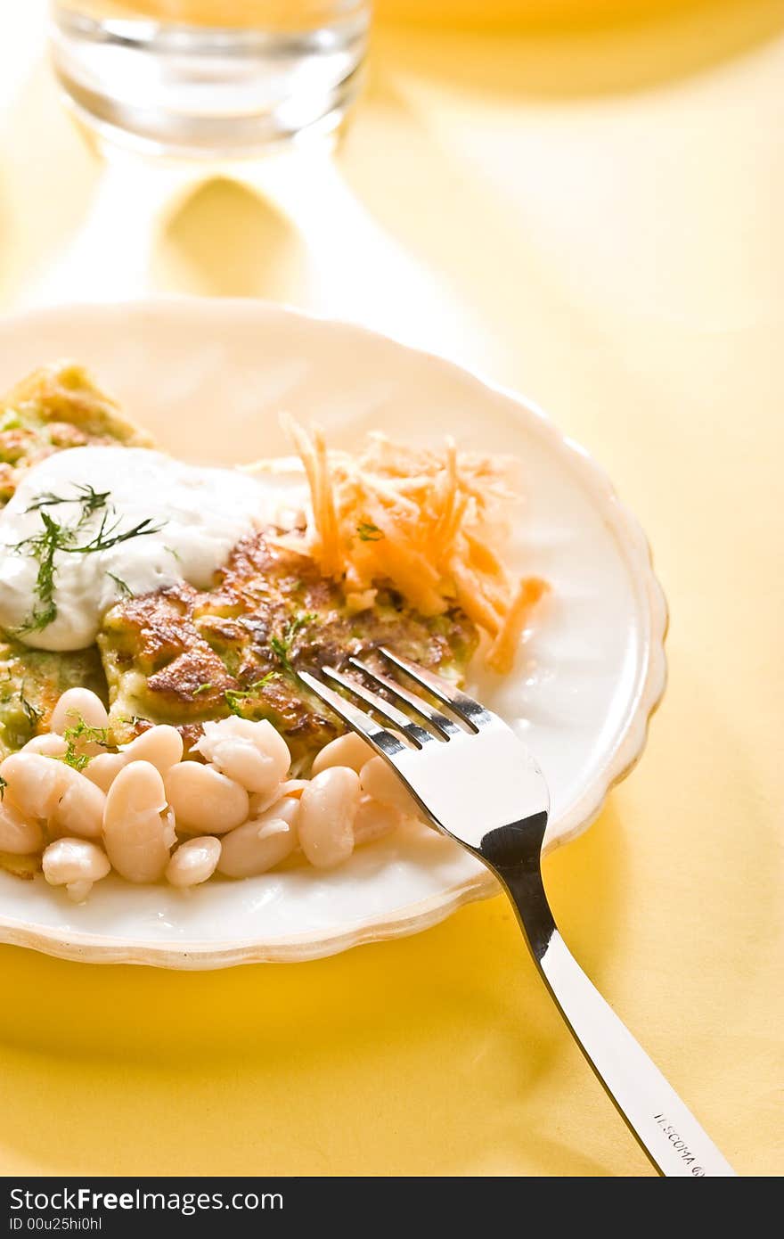 Food serias: fried veggy with sour cream, carrot, and kidney beans. Food serias: fried veggy with sour cream, carrot, and kidney beans