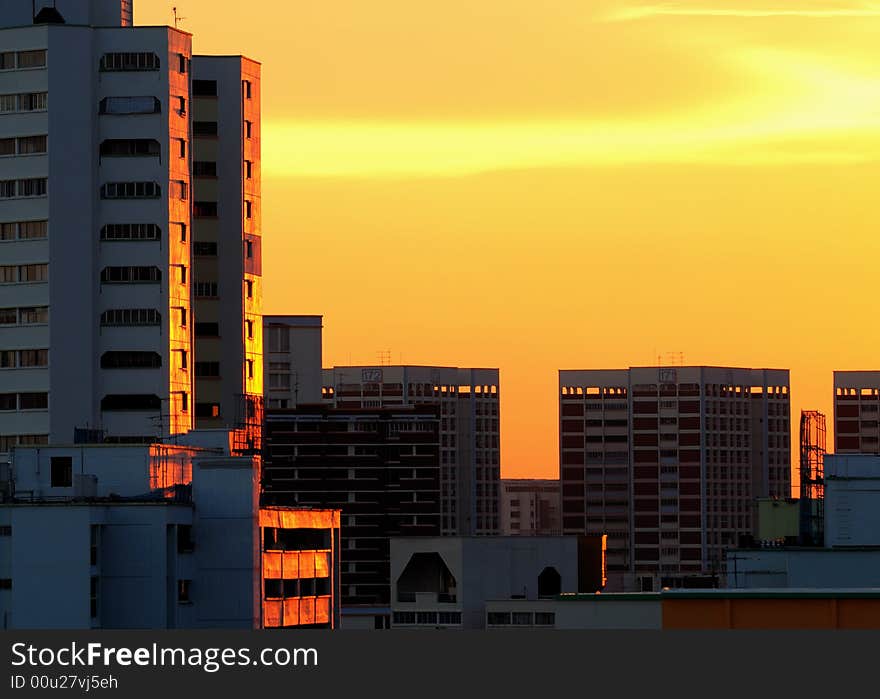 Golden rays from the sun reflecting off the surface of high rise apartments. Golden rays from the sun reflecting off the surface of high rise apartments