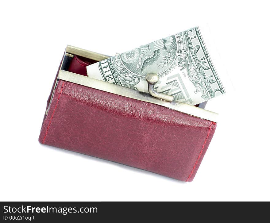 Money in a red purse on a white background