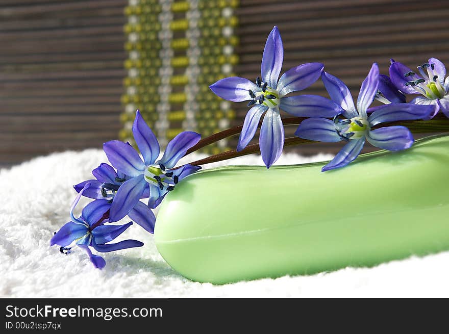 Spa concept. Soap, towel and flowers snowdrops.