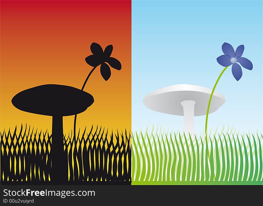 Illustration with a mushroom and a flower in the grass, with daylight and at sunset. Illustration with a mushroom and a flower in the grass, with daylight and at sunset