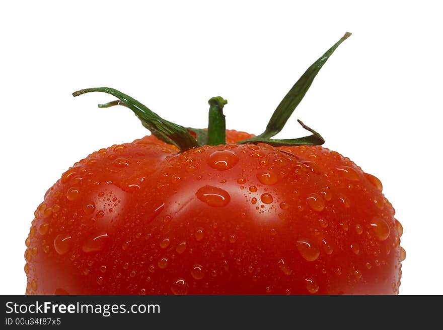 Close-up single tomato with waterdrops, isolated on white