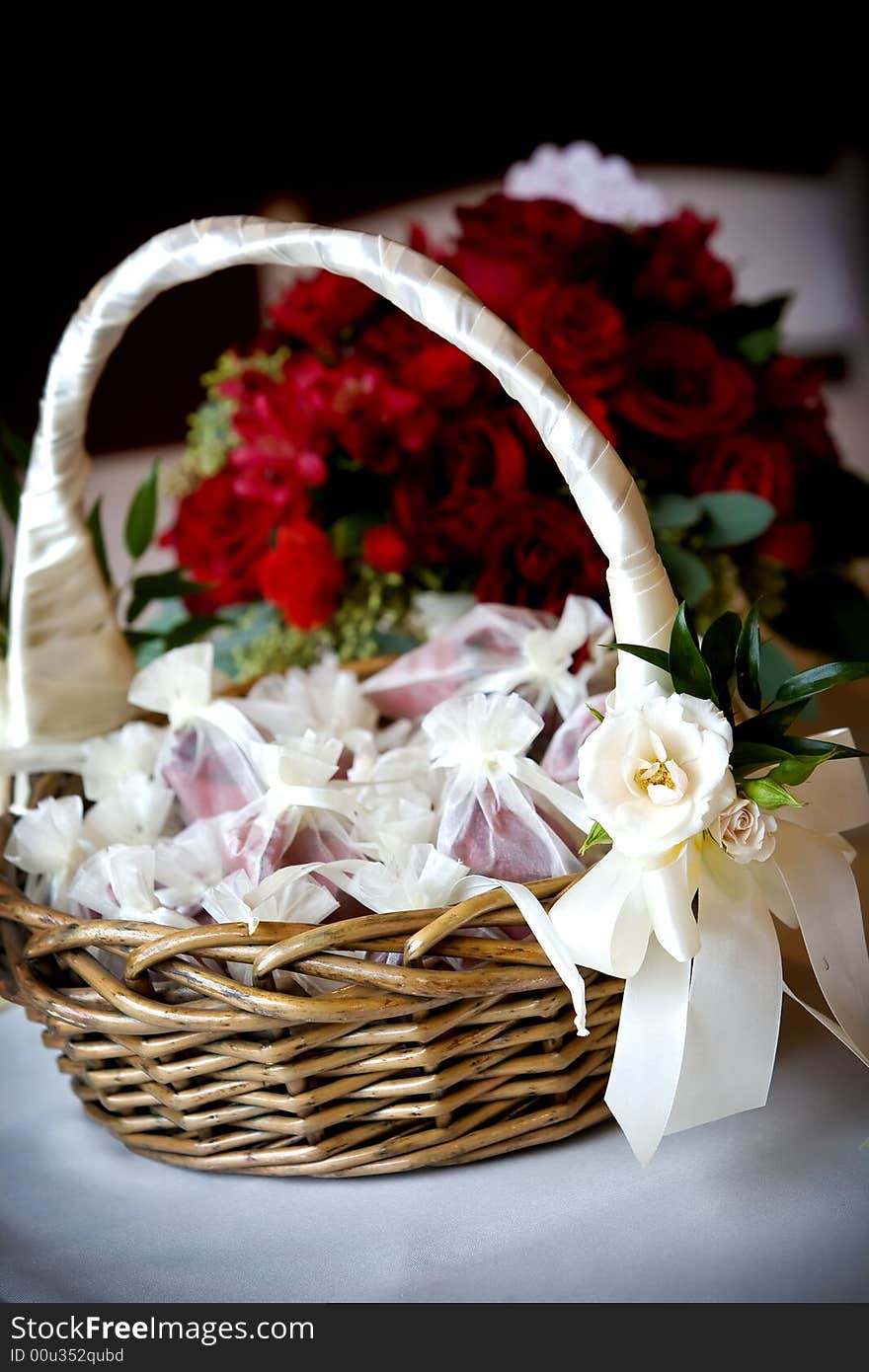 Flower basket with rose petals in bags