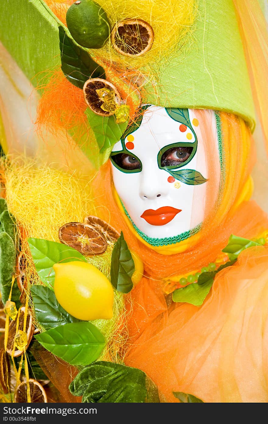 Colorful costume with fruit at the Venice Carnival. Colorful costume with fruit at the Venice Carnival