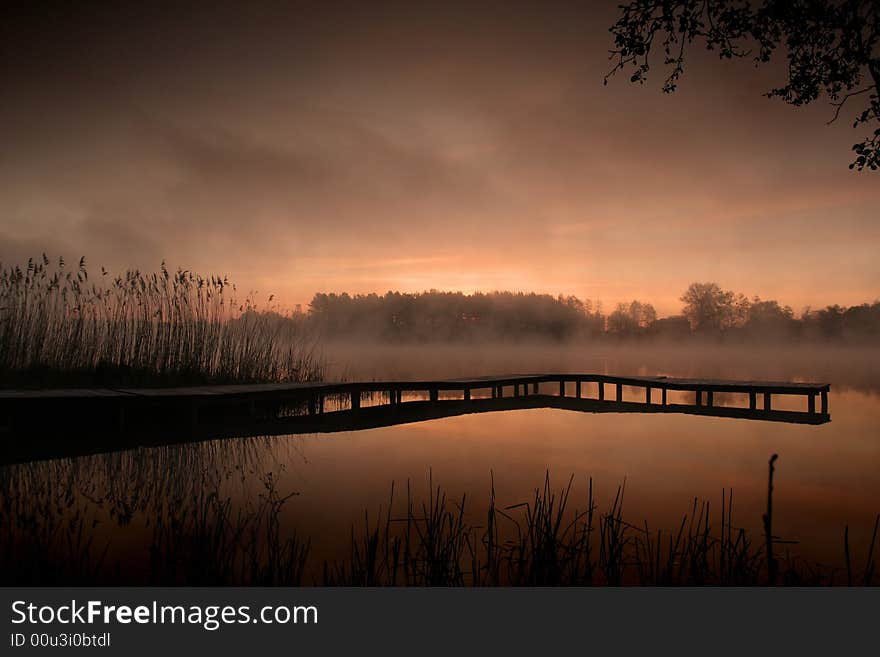 Wooden pier and reed in the morning light