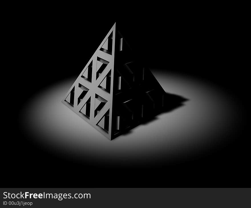 A 3D rendering of an abstract pyramid, made up of smaller triangles.