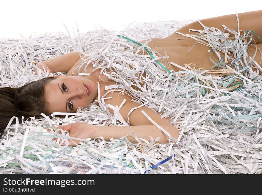 Sexy woman shredded paper close